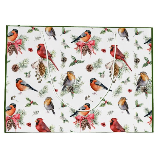 Grand Sac Cadeau Aquarelle de Noël Cardinal Robin Pinecones (Dos)
