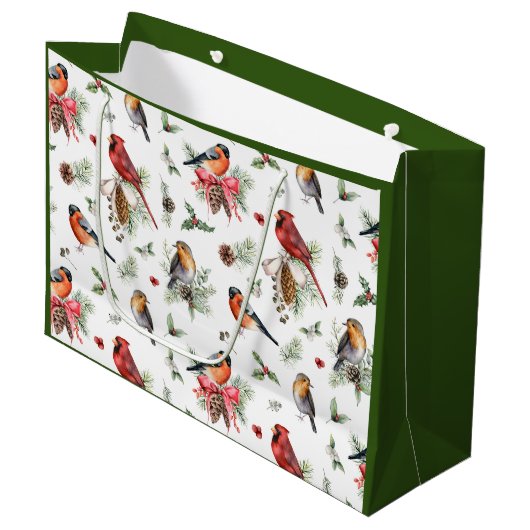 Grand Sac Cadeau Aquarelle de Noël Cardinal Robin Pinecones (Devant Angle)