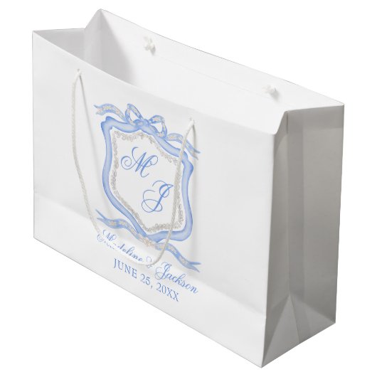 Grand Sac Cadeau Aquarelle Designer Blue Monogram Crest Mariage (Devant Angle)