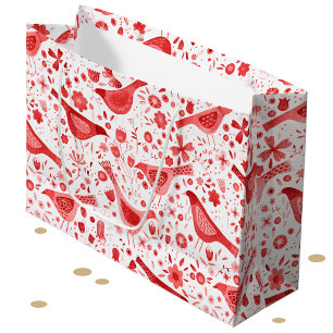 Grand Sac Cadeau Aquarelle d'oiseaux Fêtes de Noël rouges
