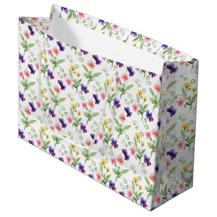 Grand Sac Cadeau Aquarelle Fleur Jaune Rose Violet Printemps Été