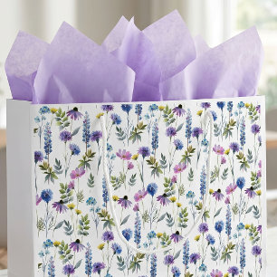 Grand Sac Cadeau Aquarelle Fleur Sauvage Bleu Violet