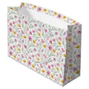 Grand Sac Cadeau Aquarelle Florale Jaune Rose Violet Printemps Été