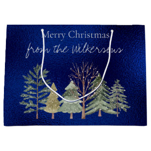Grand Sac Cadeau Aquarelle Forêt d'hiver à la nuit Arbres simples