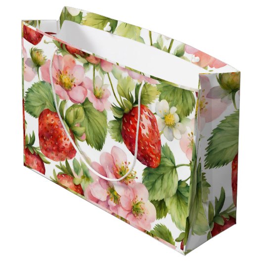 Grand Sac Cadeau Aquarelle Fruit fraise et Fleurs roses (Dos Angle)
