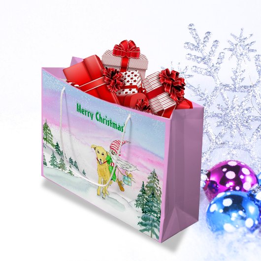 Grand Sac Cadeau Aquarelle Funny Labrador Et Noël Gnome