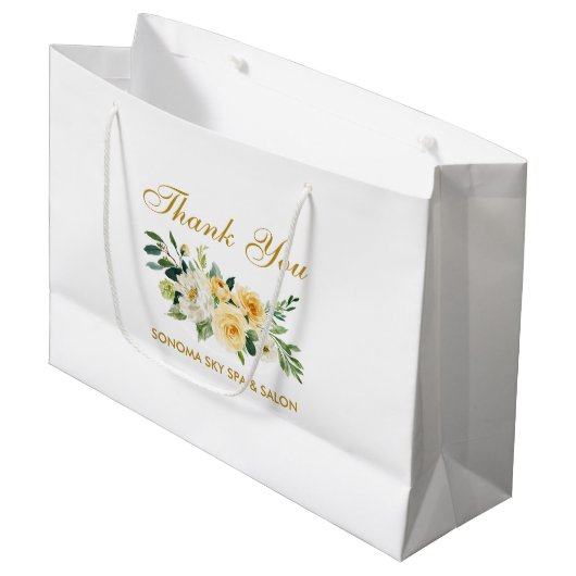 Grand Sac Cadeau Aquarelle Jaune Floral Or Élégant Merci (Devant Angle)