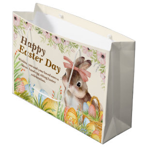Grand Sac Cadeau Aquarelle Lapin floral avec noeud Jour de Pâques j
