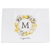Grand Sac Cadeau Aquarelle Magnolia jaune Monogramme de couronne (Devant)
