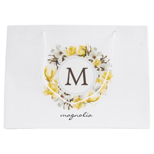 Grand Sac Cadeau Aquarelle Magnolia jaune Monogramme de couronne (Devant)