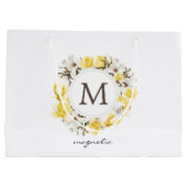 Grand Sac Cadeau Aquarelle Magnolia jaune Monogramme de couronne (Dos)