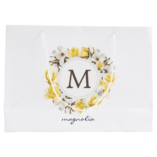 Grand Sac Cadeau Aquarelle Magnolia jaune Monogramme de couronne (Dos)