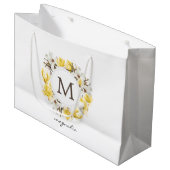 Grand Sac Cadeau Aquarelle Magnolia jaune Monogramme de couronne (Devant Angle)