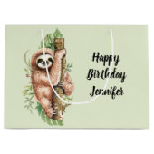 Grand Sac Cadeau Aquarelle mignonne Sloth & Feuilles tropicaux Anni (Devant)