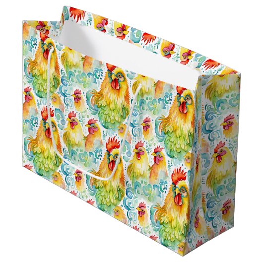Grand Sac Cadeau Aquarelle Poulets colorés Anniversaire (Devant Angle)