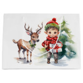 Grand Sac Cadeau Aquarelle renne de Noël et elfe (Devant)