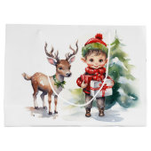 Grand Sac Cadeau Aquarelle renne de Noël et elfe (Dos)