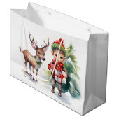 Grand Sac Cadeau Aquarelle renne de Noël et elfe (Devant Angle)