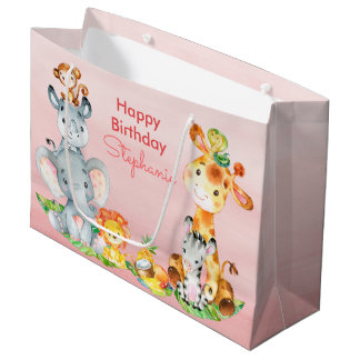 Grand Sac Cadeau Aquarelle rose Cute Safari Jungle Animaux