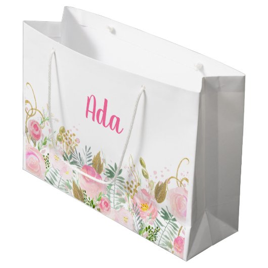 Grand Sac Cadeau Aquarelle rose et or Florale (Devant Angle)