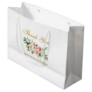 Grand Sac Cadeau Aquarelle rose Floral or Merci élégant