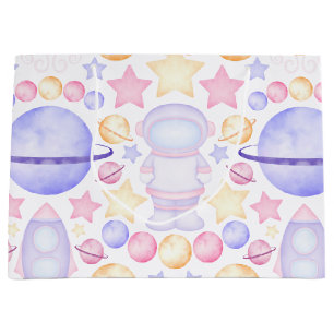 Grand Sac Cadeau Aquarelle rose mignonne Astronautes de l'espace An
