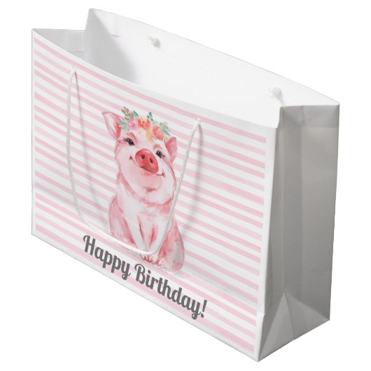 Grand Sac Cadeau Aquarelle rose mignonne Cochon Anniversaire (Devant Angle)