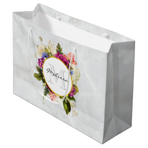Grand Sac Cadeau Aquarelle rose moderne Bouquet floral Monogramme