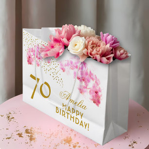 Grand Sac Cadeau Aquarelle rose orchidée Parties scintillant or 70e