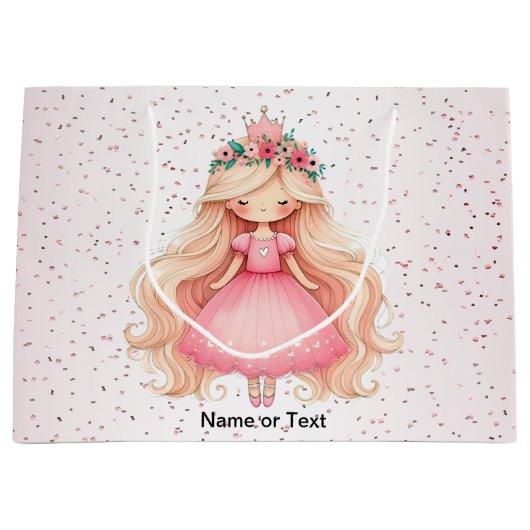 Grand Sac Cadeau Aquarelle rose princesse Anniversaire (Devant)