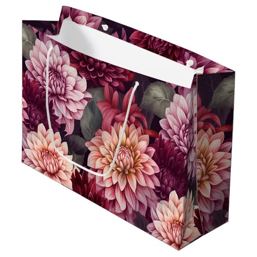 Grand Sac Cadeau Aquarelle Rouge rose Dahlia Motif Design (Devant Angle)