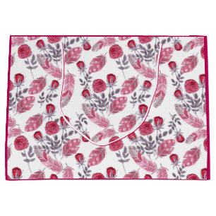 Grand Sac Cadeau Aquarelle rouge roses fleurs plumes blanc