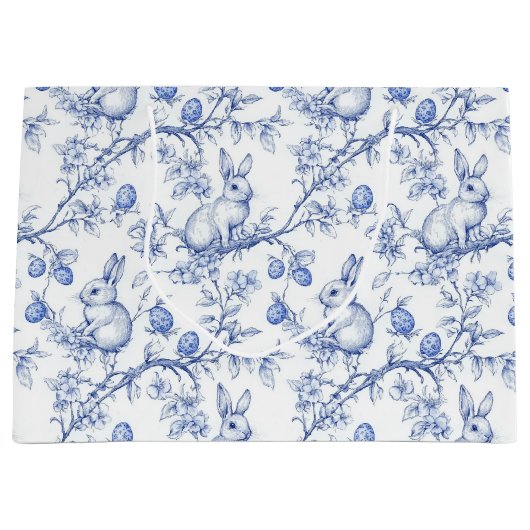 Grand Sac Cadeau Aquarelle Toile De Jouy Bleu Bunny Pâques (Devant)
