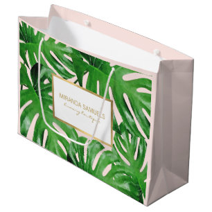 Grand Sac Cadeau Aquarelle Tropical Monstera Feuille rose