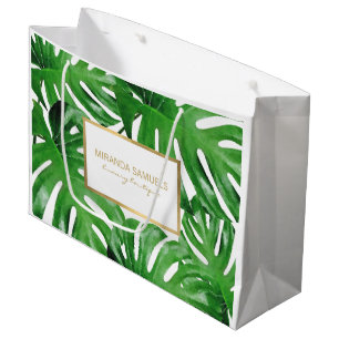 Grand Sac Cadeau Aquarelle Tropical Monstera Feuilles Personnalisé