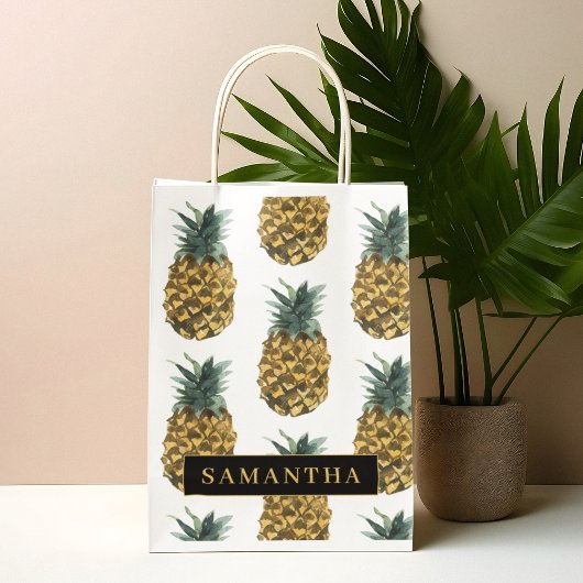 Grand Sac Cadeau Aquarelle tropicale Motif ananas avec nom