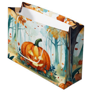 Grand Sac Cadeau Aquarelle verte orange Forêt Citrouille d'automne