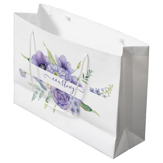 Grand Sac Cadeau Aquarelle violette florale personnalisée (Devant Angle)