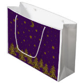 Grand Sac Cadeau Arbre de Noël en or brillant, lune, étoiles sur vi (Devant Angle)