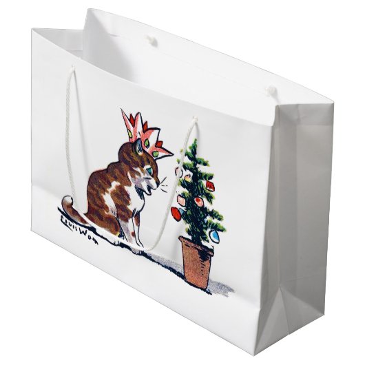 Grand Sac Cadeau Arbre de Noël et chaton, Louis Wain (Devant Angle)