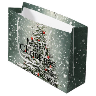 Grand Sac Cadeau Arbre de Noël vert Ornements colorés Neige blanche