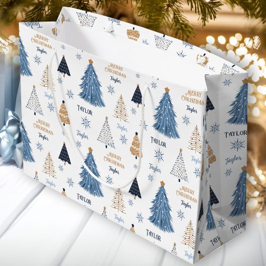 Grand Sac Cadeau Arbres Bleus Moderne Nom de Noël Texte