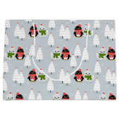 Grand Sac Cadeau Arbres de Noël, pingouins et chats (Devant)