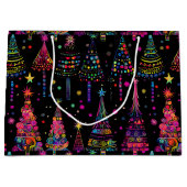 Grand Sac Cadeau Arbres de Noël psychédéliques en noir (Devant)