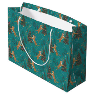 Grand Sac Cadeau Arbres de Noël & tigres motif sur turquoise