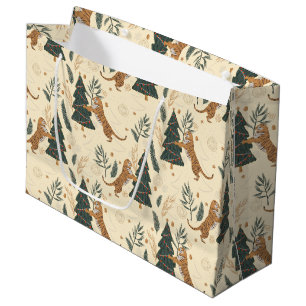 Grand Sac Cadeau Arbres de Noël & Tigres personnalisés Beige Fond