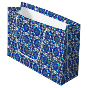 Grand Sac Cadeau Argent Métallisé, Style Vitrail Teinté de Bleu