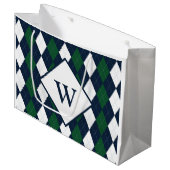 Grand Sac Cadeau Argyle Monogrammé Bleu et Vert (Devant Angle)
