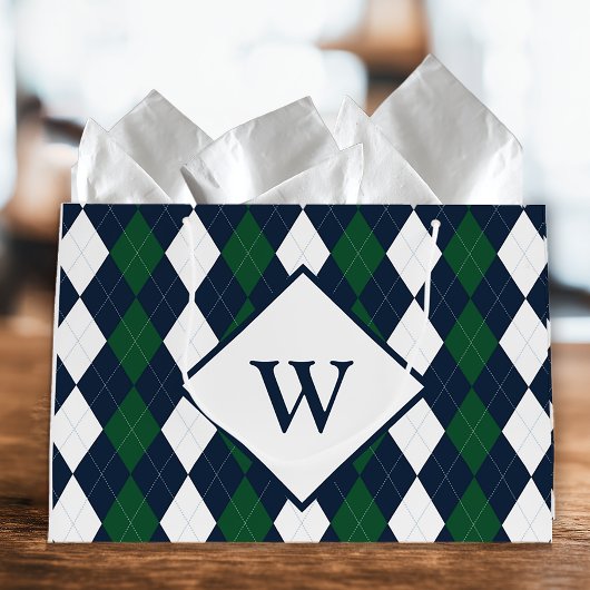 Grand Sac Cadeau Argyle Monogrammé Bleu et Vert
