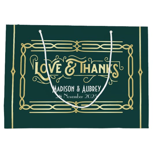 Grand Sac Cadeau Art Déco Mariage Amour & Merci Gold Green Favorise (Dos)